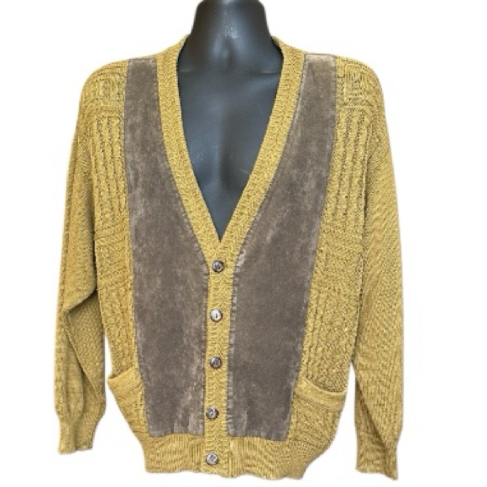 VTG Daga Men's Mustard Brown Knit and Suede Panels Cardigan Sweater Size M